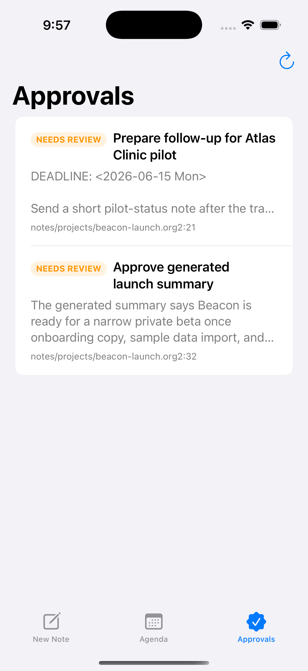Org2 Mobile approvals list on iPhone showing review-required corpus items