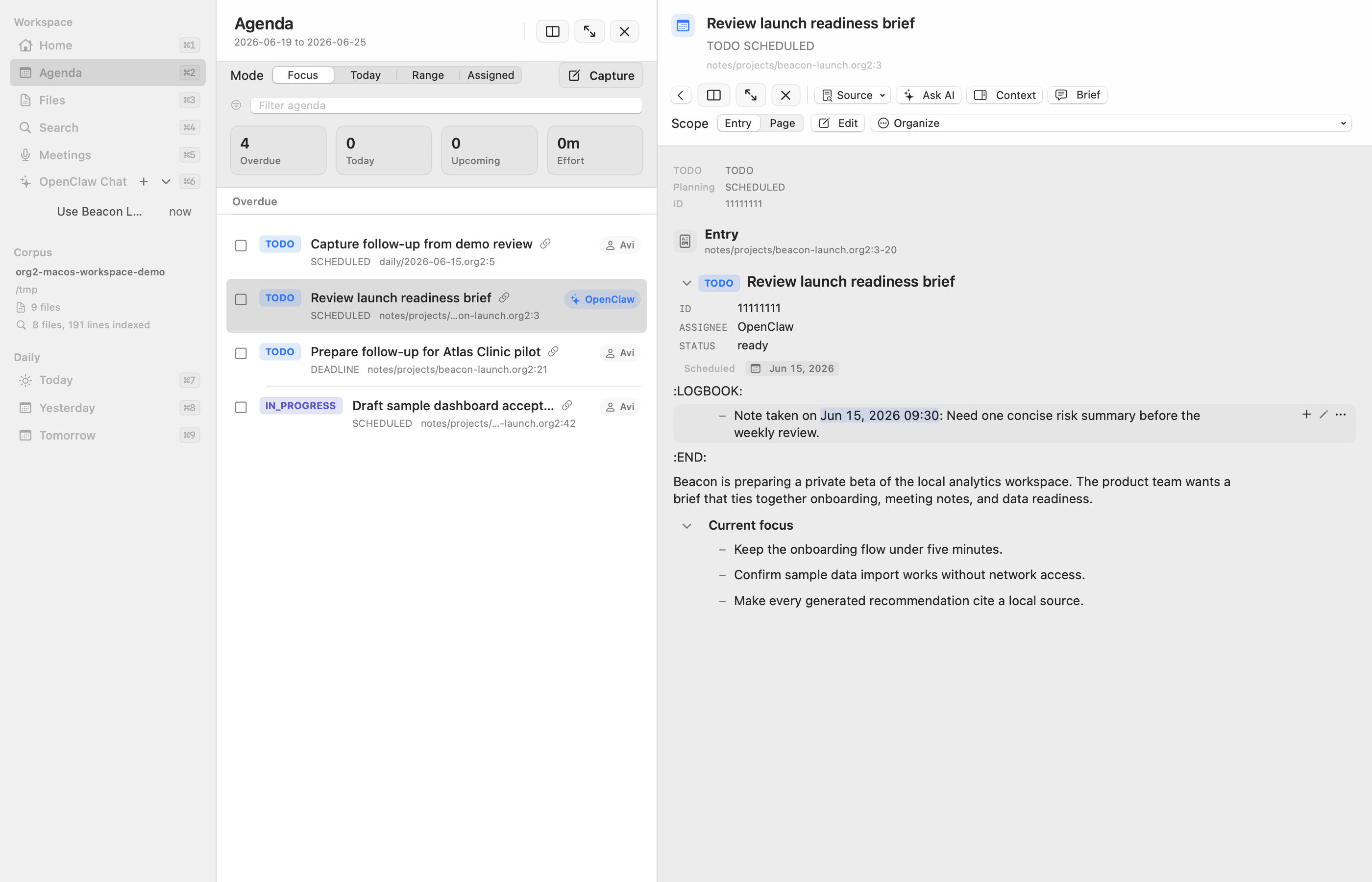 Org2 Workspace agenda showing launch readiness tasks and linked context