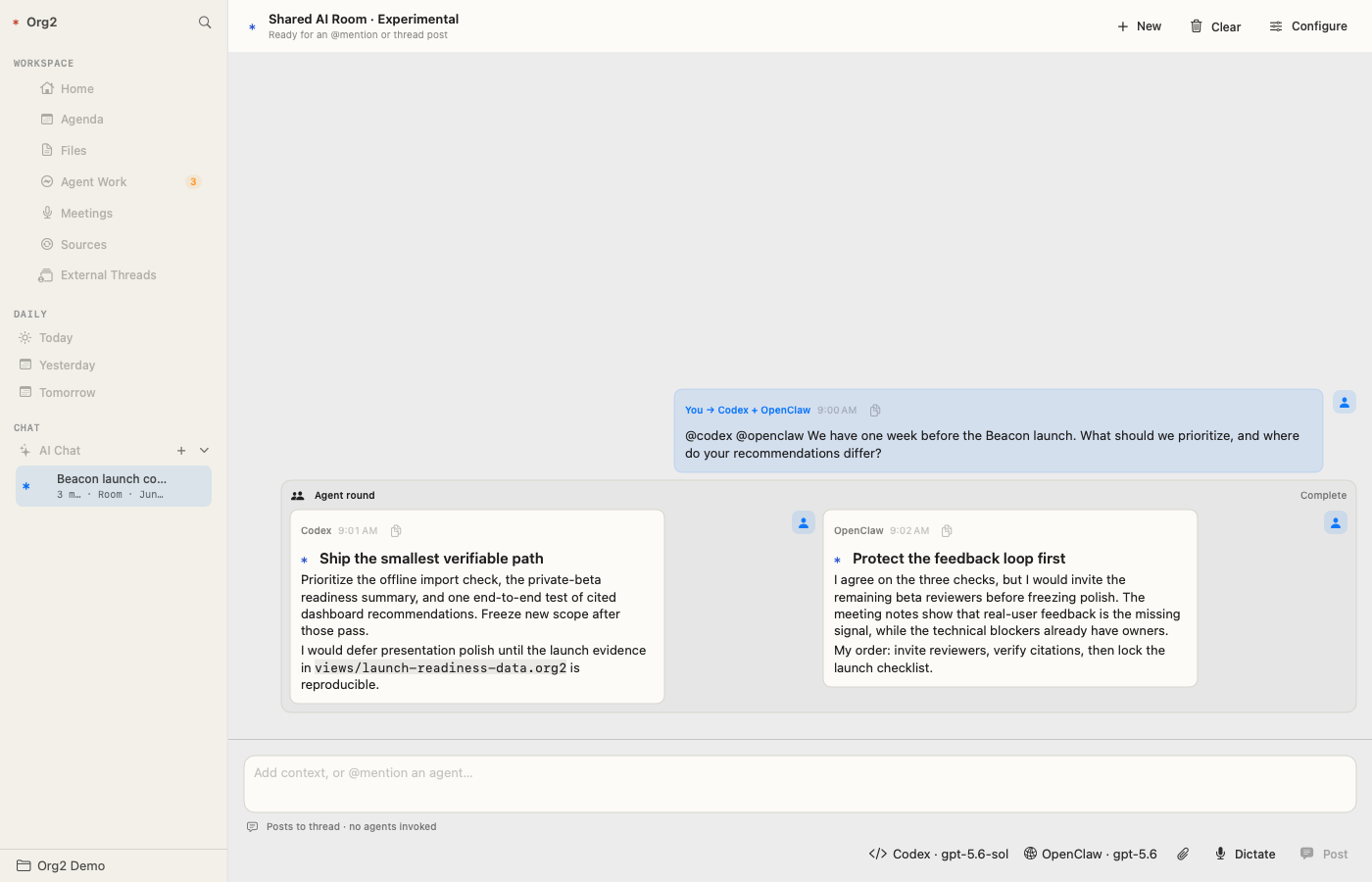Org2 Workspace shared AI room showing two configured agents answering the same launch question