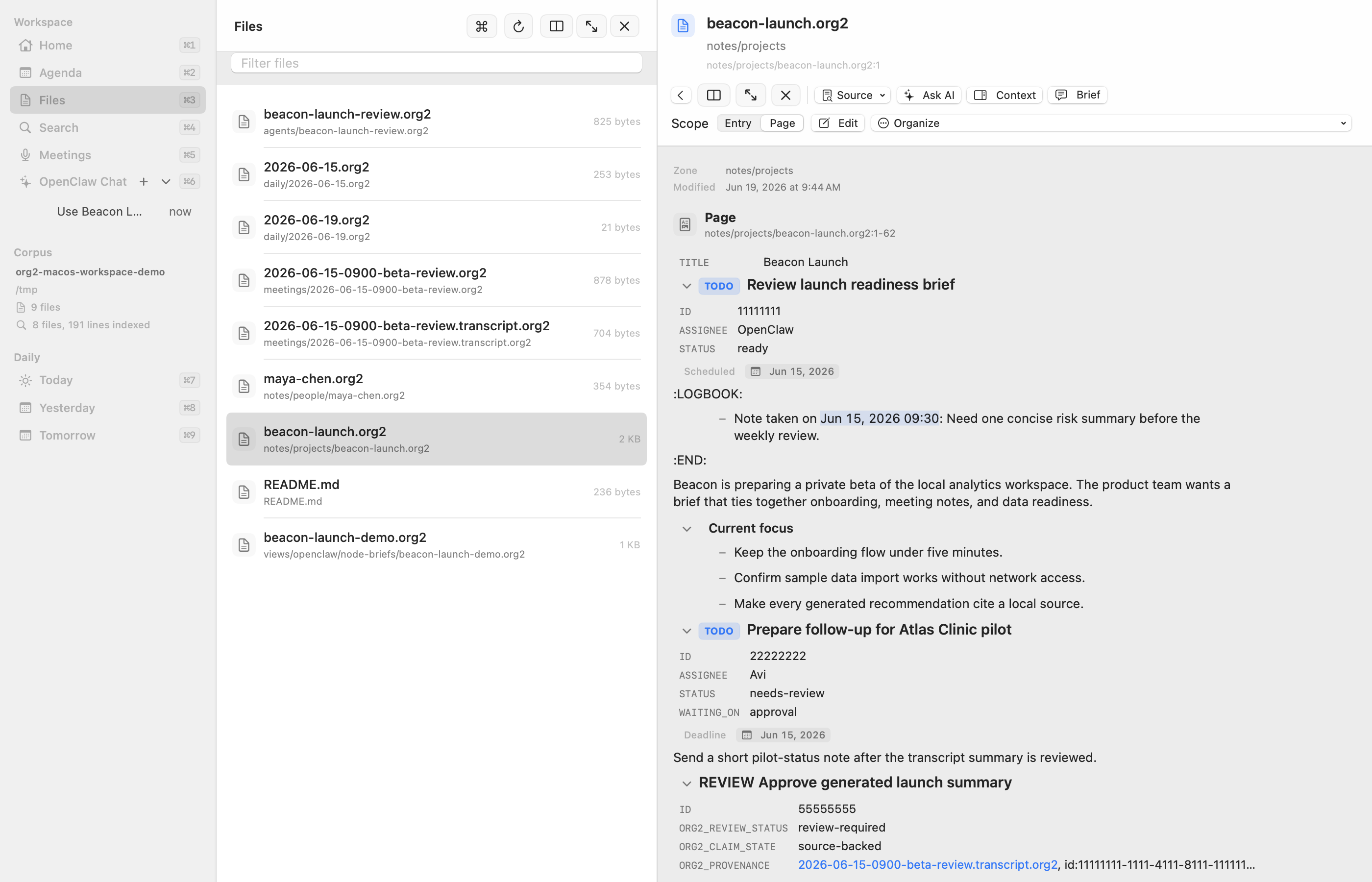 Org2 Workspace files view showing a selected Beacon Launch note