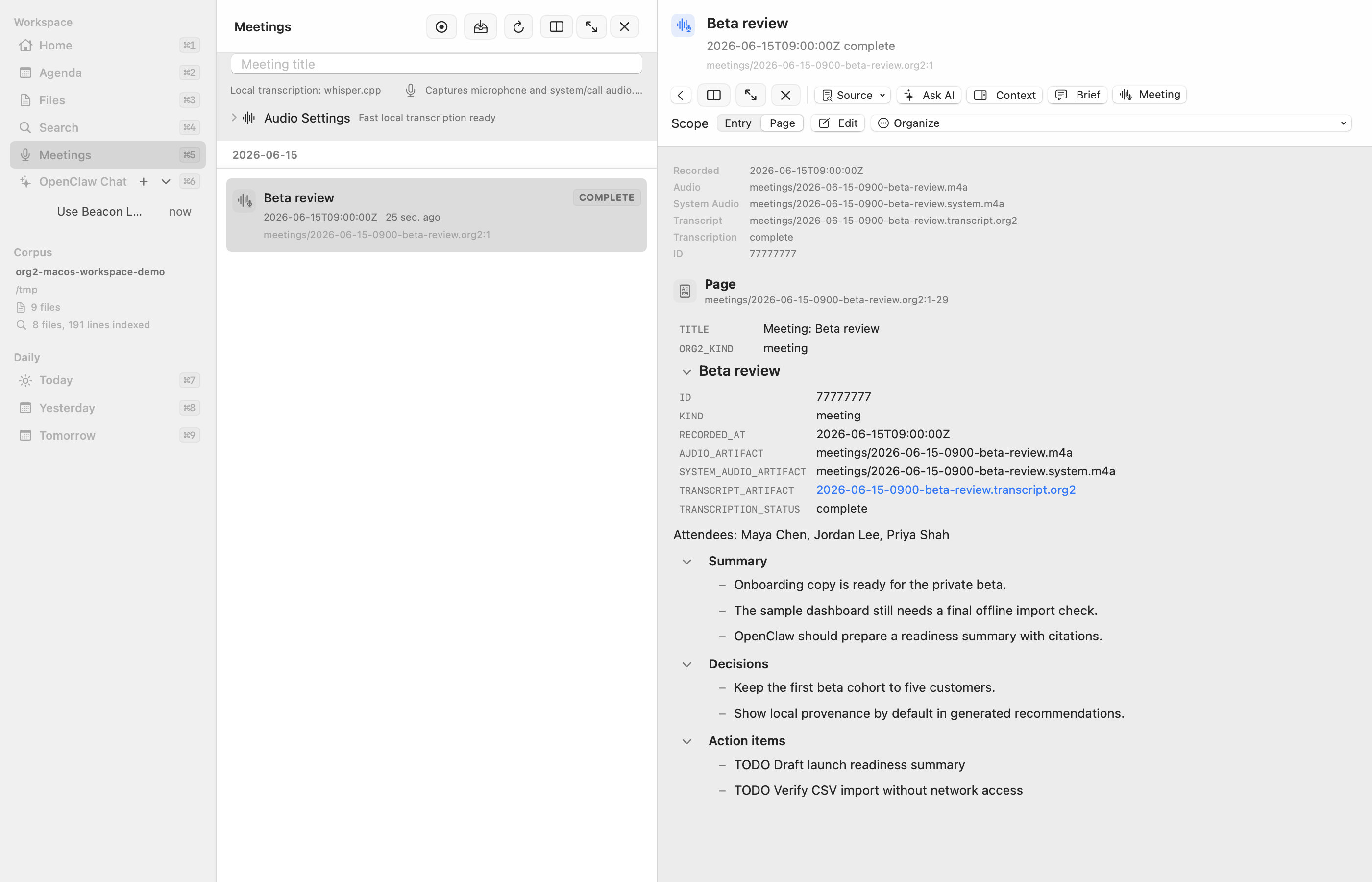 Org2 Workspace meeting surface with a beta review transcript and summary