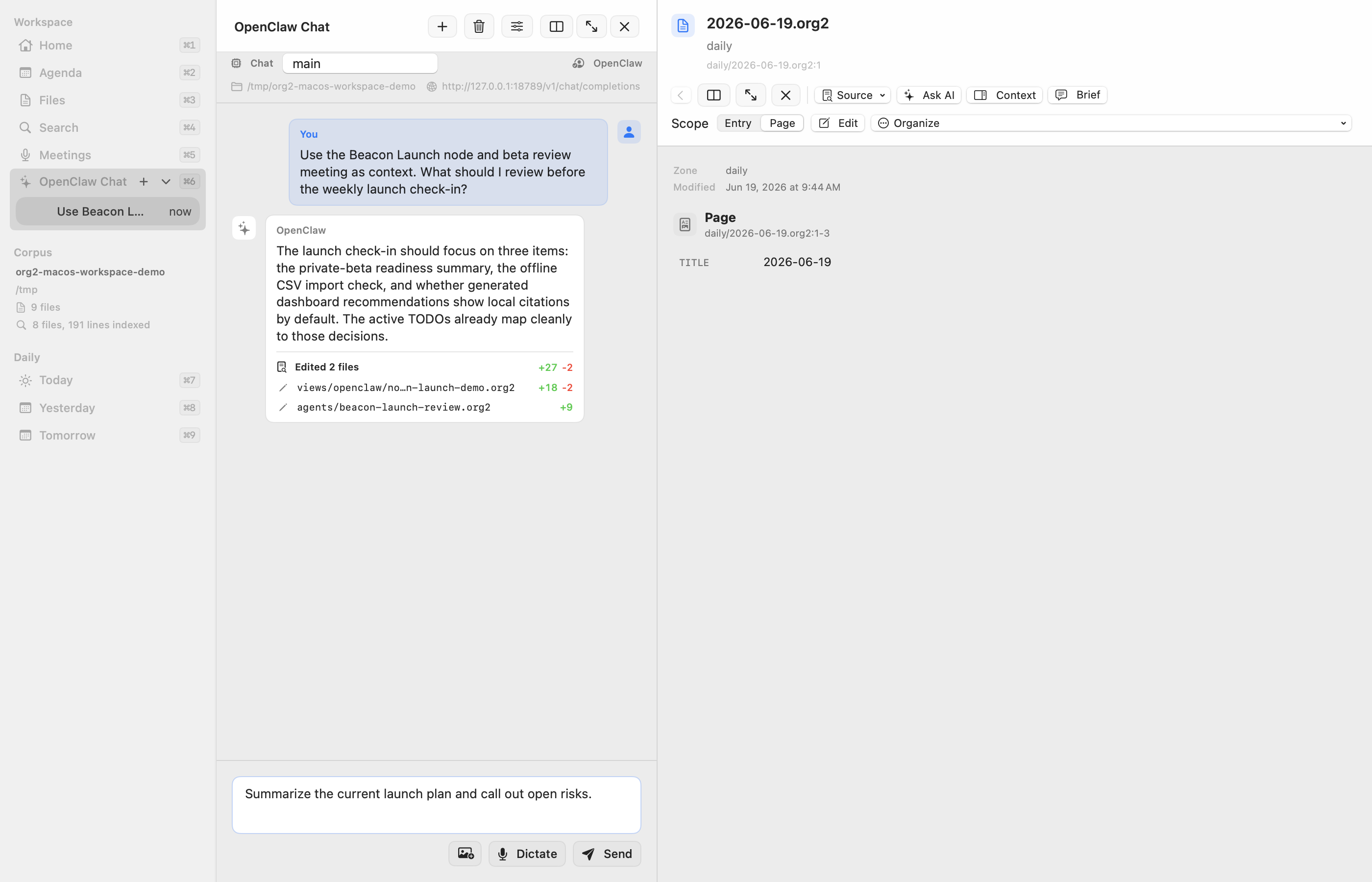 Org2 Workspace OpenClaw chat showing a local chat transcript and change summary