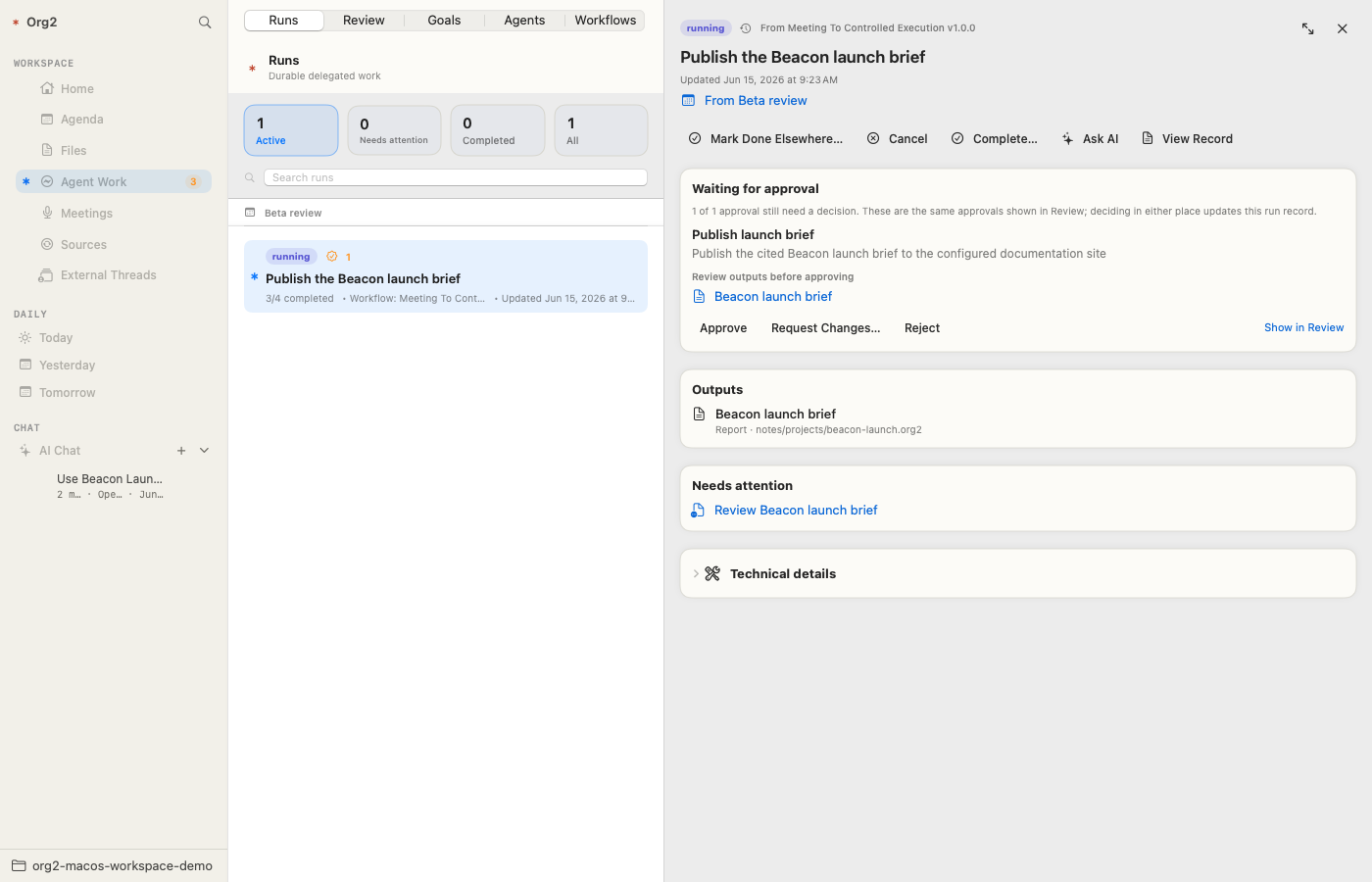 Org2 Workspace Agent Work showing an approval-ready delegated launch brief